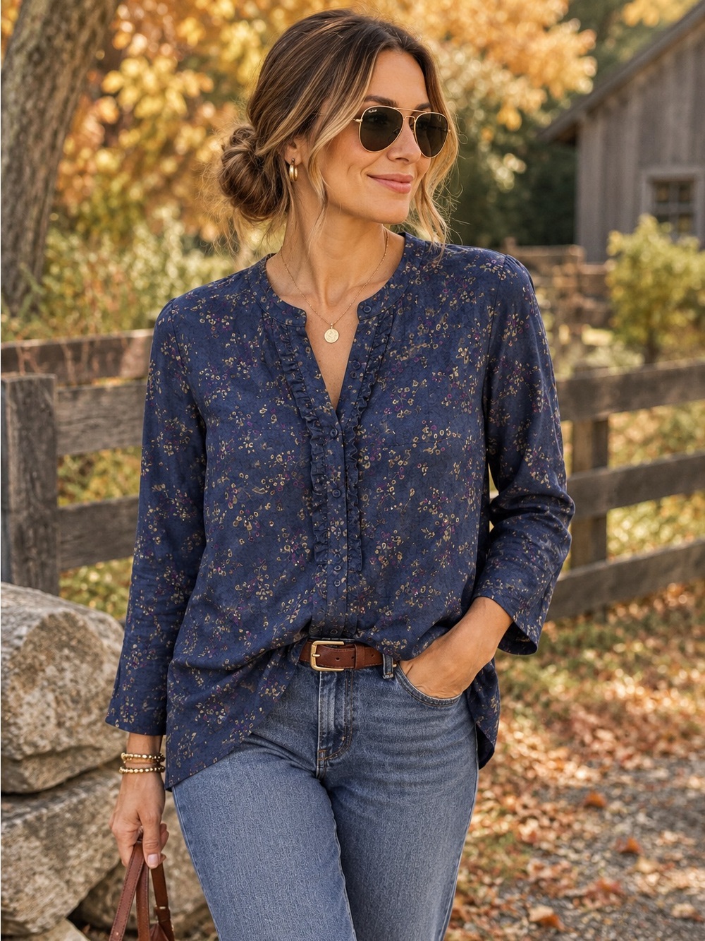 Sonoma 100% Cotton Floral Ruffle Blouse M NWT Navy
